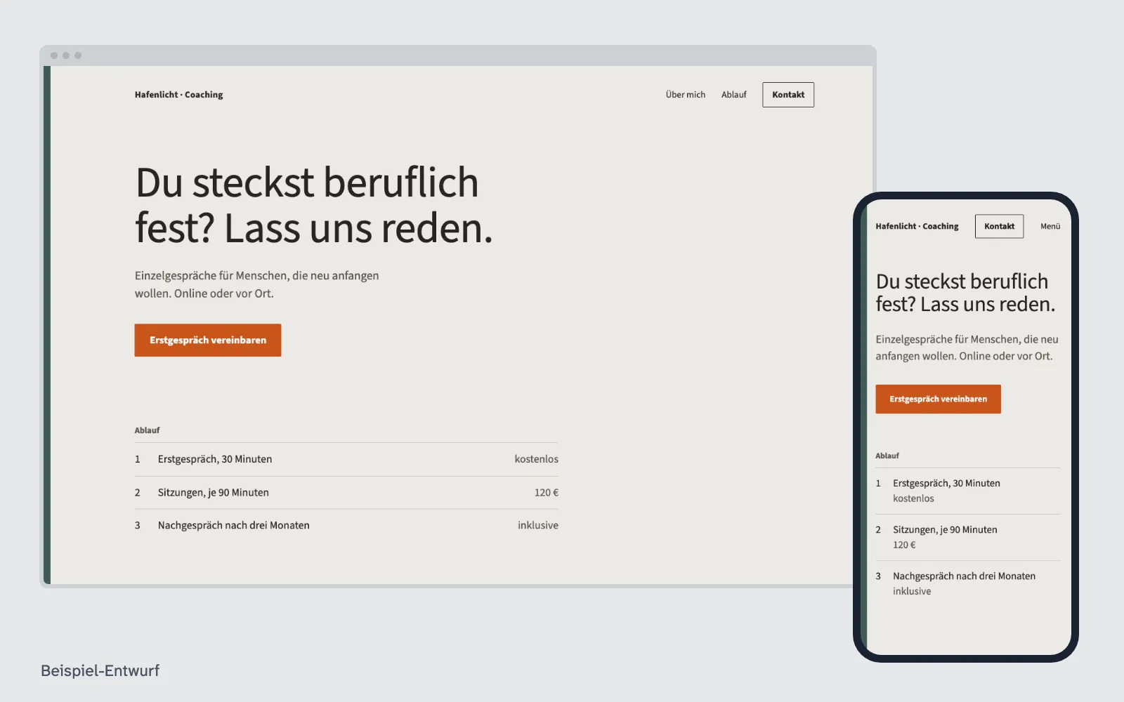 Beispiel-Entwurf: Website für Coaches (ausgedachter Betrieb)