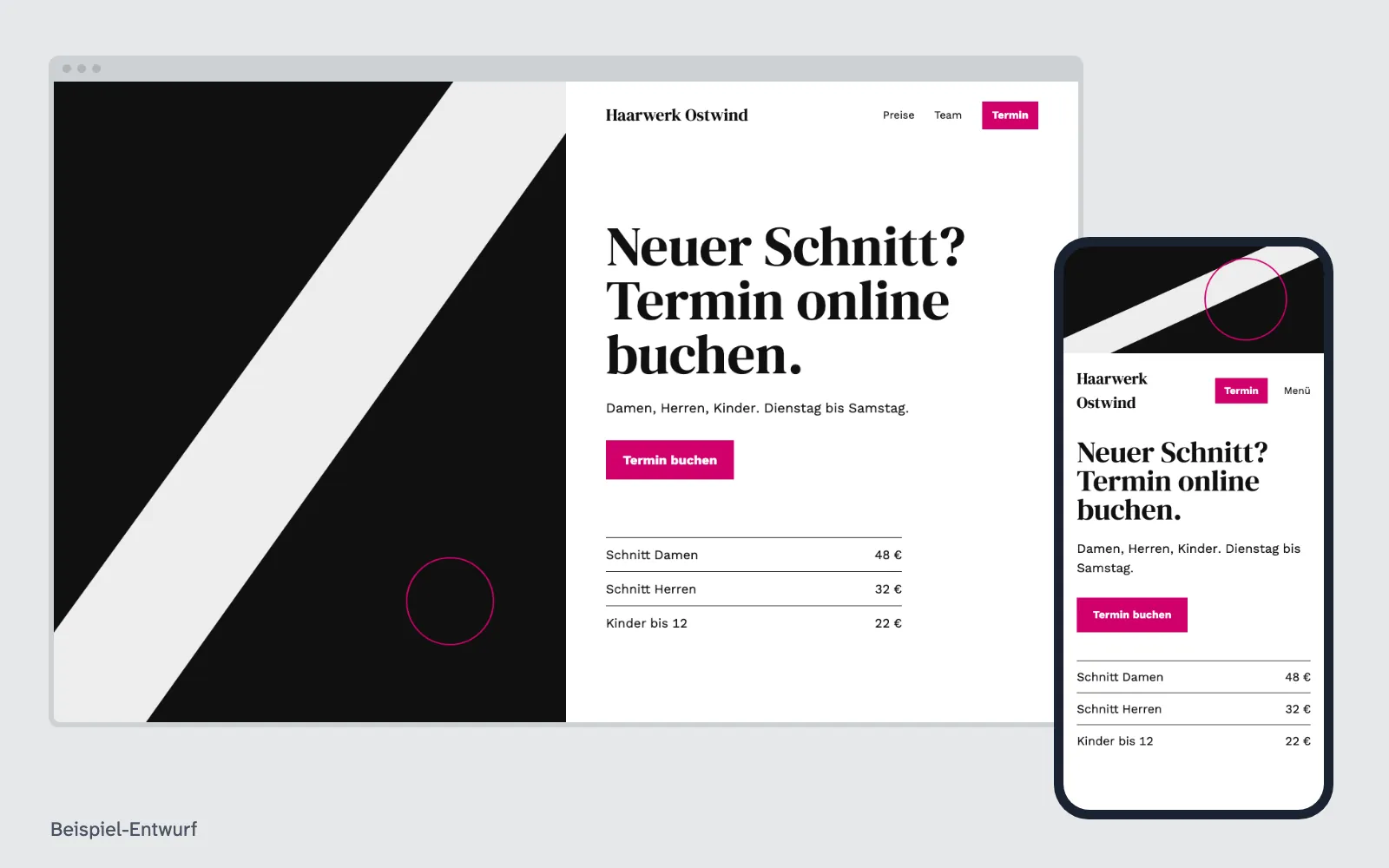 Beispiel-Entwurf: Website für Friseure und Kosmetik (ausgedachter Betrieb)