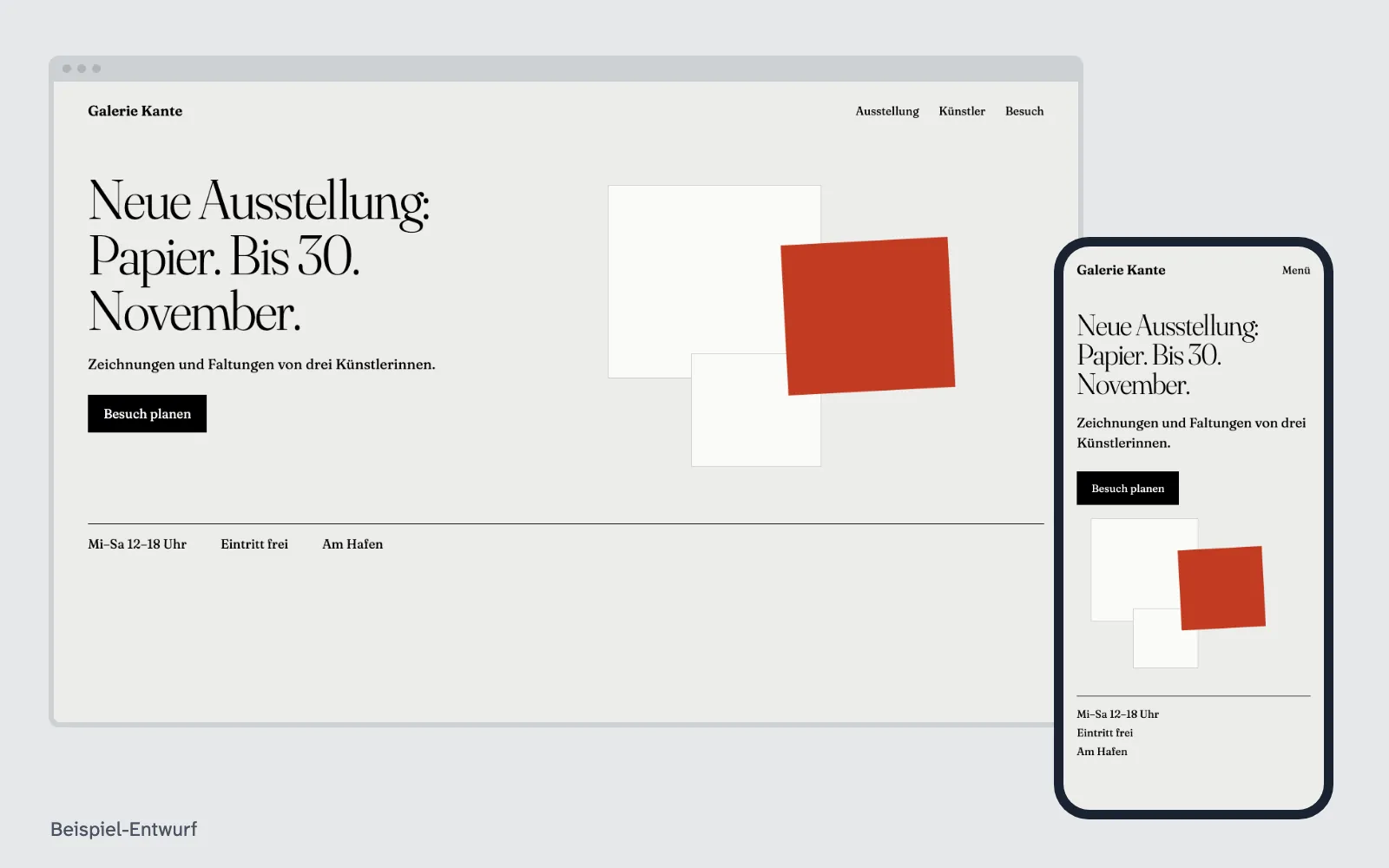 Beispiel-Entwurf: Website für Galerien (ausgedachter Betrieb)