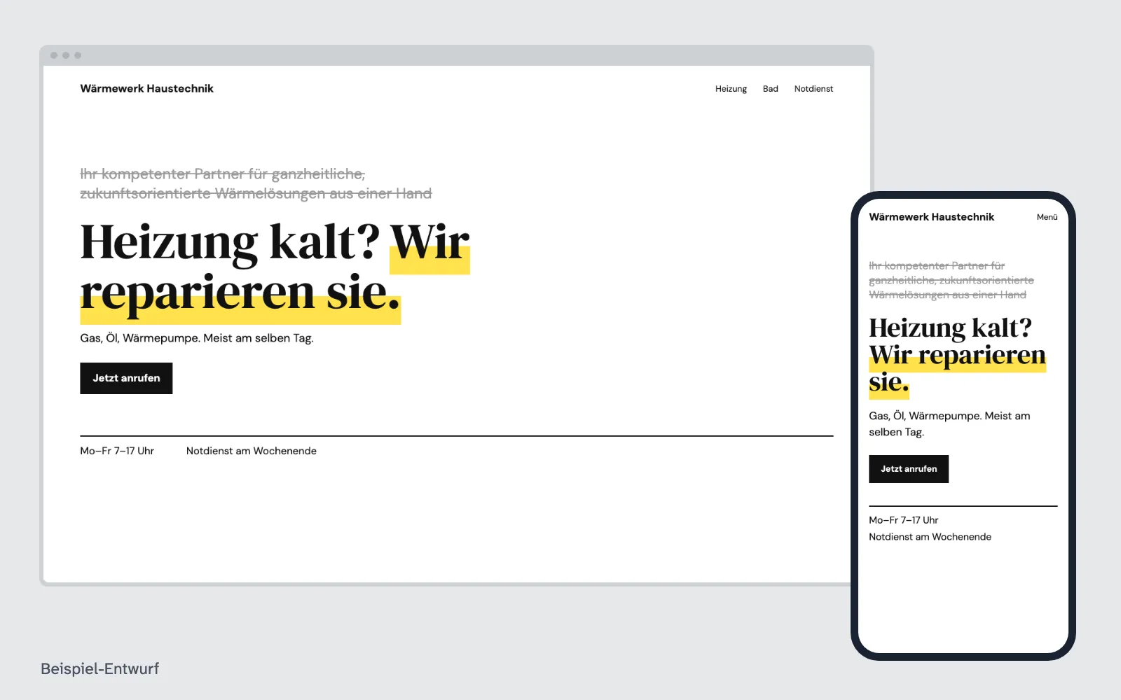Beispiel-Entwurf: Texte für die Website – Website eines ausgedachten Betriebs