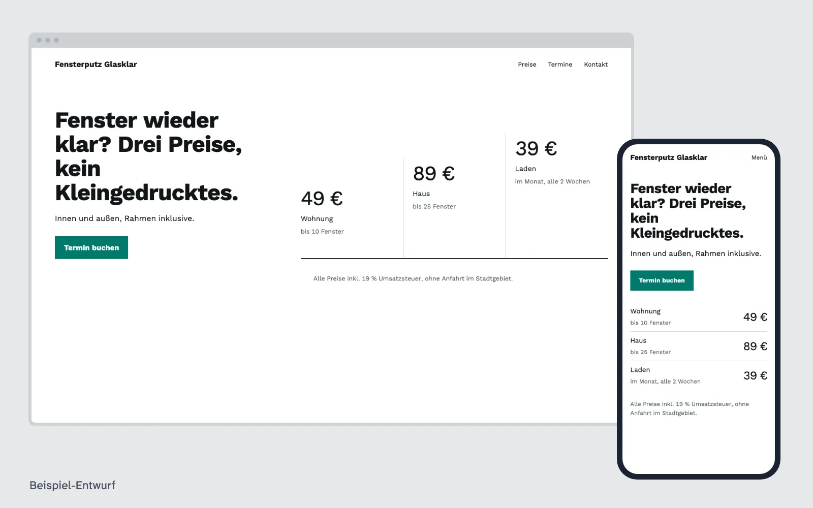 Beispiel-Entwurf: Was kostet eine Website – Website eines ausgedachten Betriebs