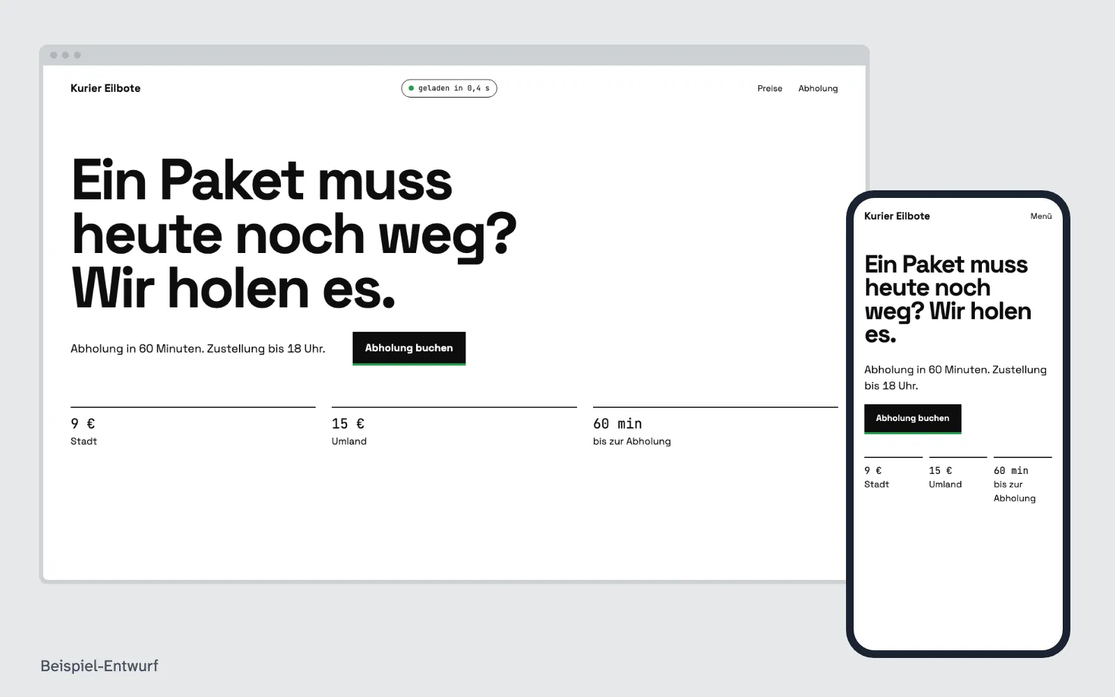 Beispiel-Entwurf: Website schneller machen – Website eines ausgedachten Betriebs