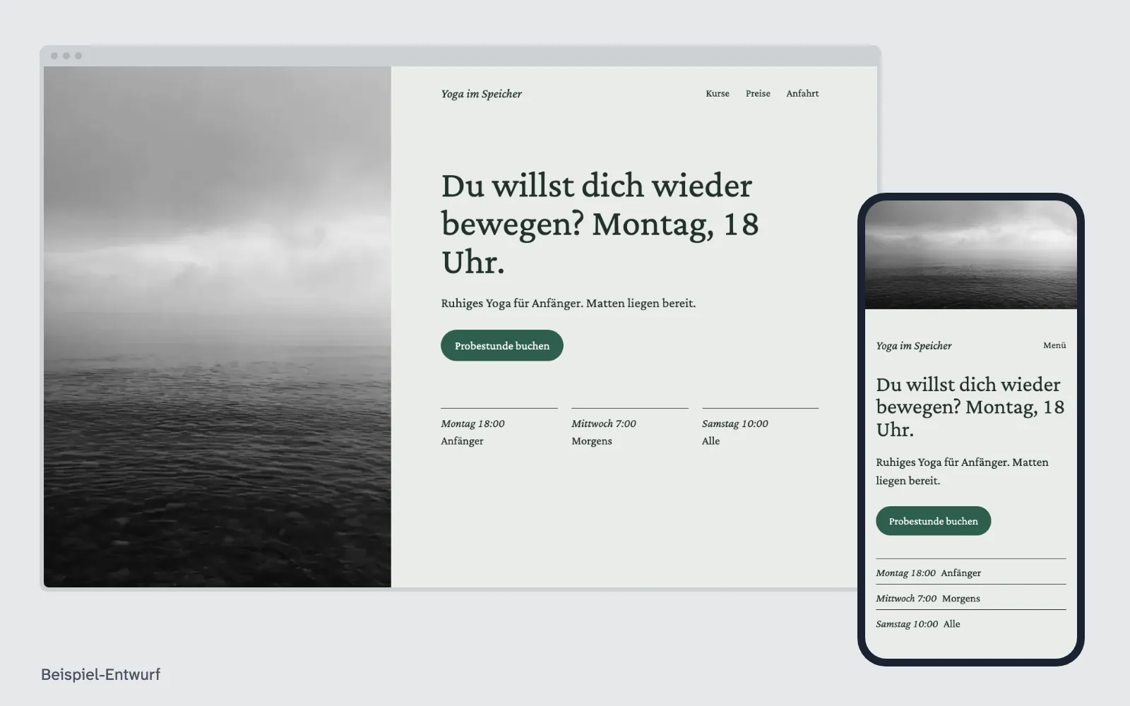 Beispiel-Entwurf: Website für Yoga und Bewegung (ausgedachter Betrieb)